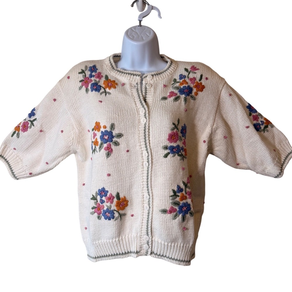 Vintage Floral Embroidered Cardigan Sweater Cottagecore Ramie Cotton L Retro